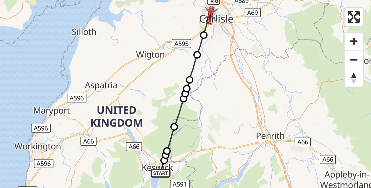 Flight route Air Ambulance Helicopter Keswick - Carlisle, 01 August 2026, 15:50