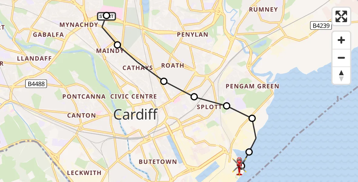 Flight route Air Ambulance Helicopter Birchgrove - Cardiff Heliport, 01 August 2026, 15:51