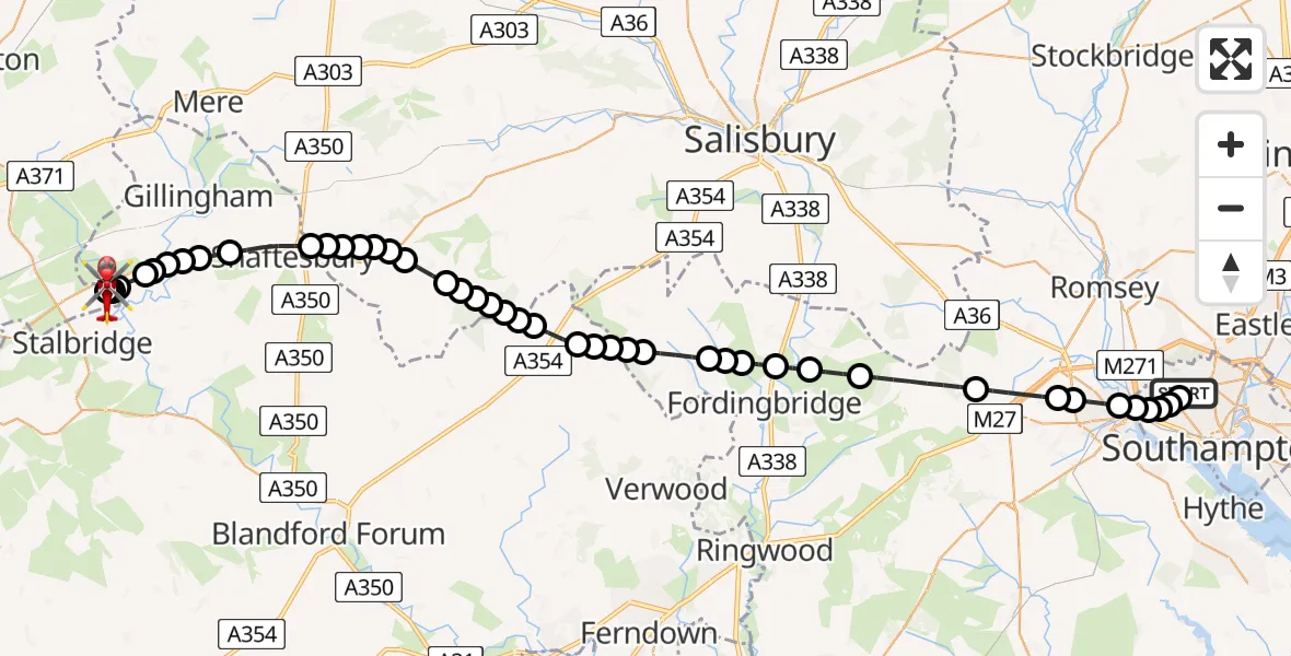 Flight route Air Ambulance Helicopter University Hospital Southampton - Henstridge Airfield, 01 August 2026, 15:52