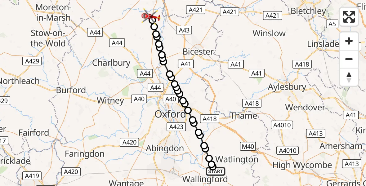 Flight route Air Ambulance Helicopter RAF Benson - Deddington, 01 August 2026, 16:01