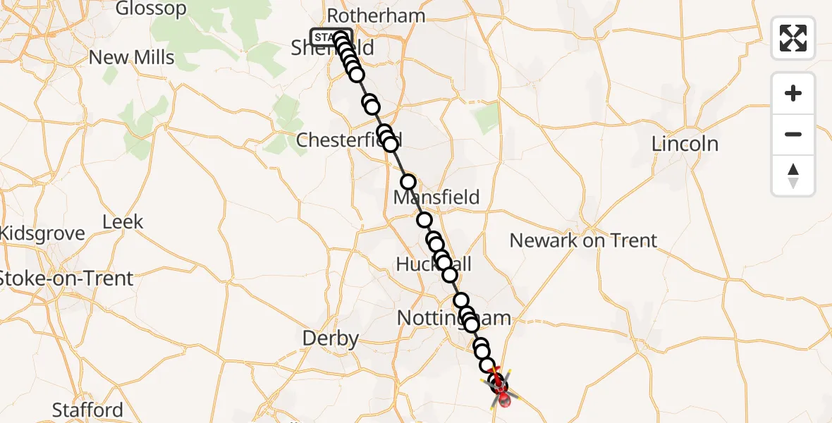 Flight route Air Ambulance Helicopter Pitsmoor - Rushcliffe, 01 August 2026, 16:15