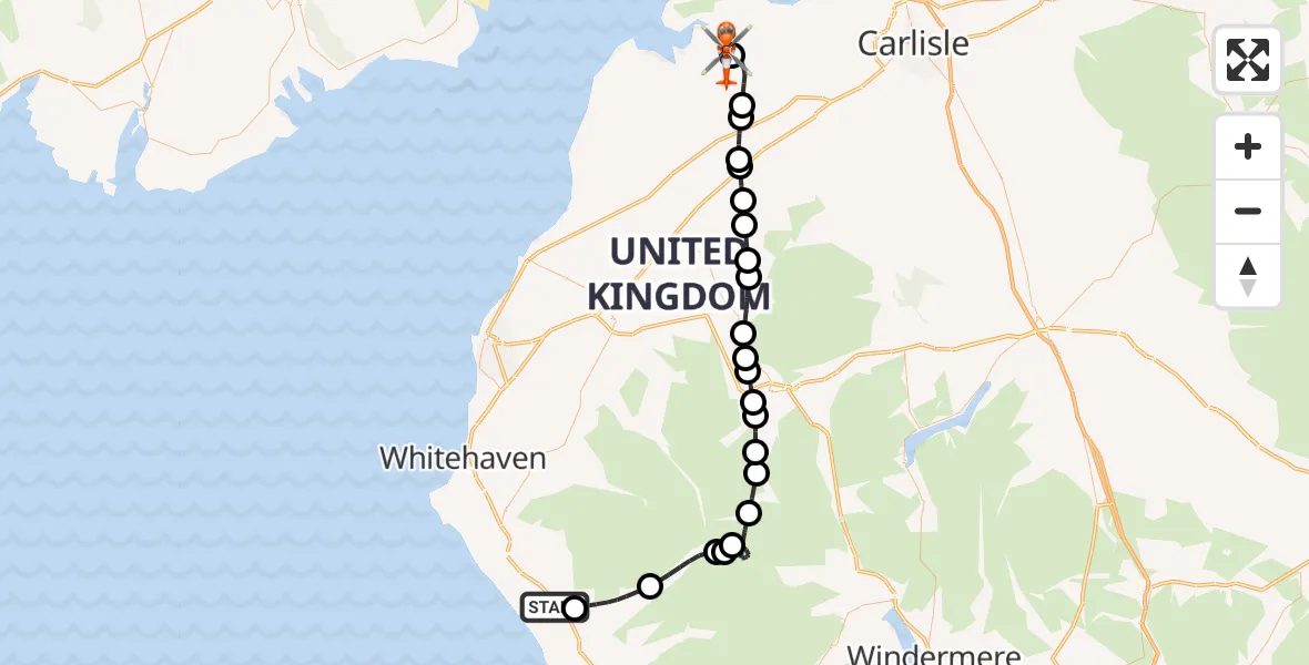 Flight route Coastguard Helicopter Gosforth - Kirkbride Airfield, 01 August 2026, 16:20