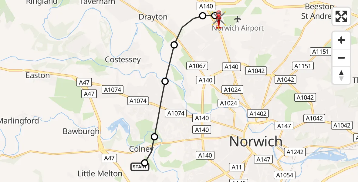 Flight route Air Ambulance Helicopter Norfolk & Norwich Hospital - Norwich Airport, 01 August 2026, 16:21
