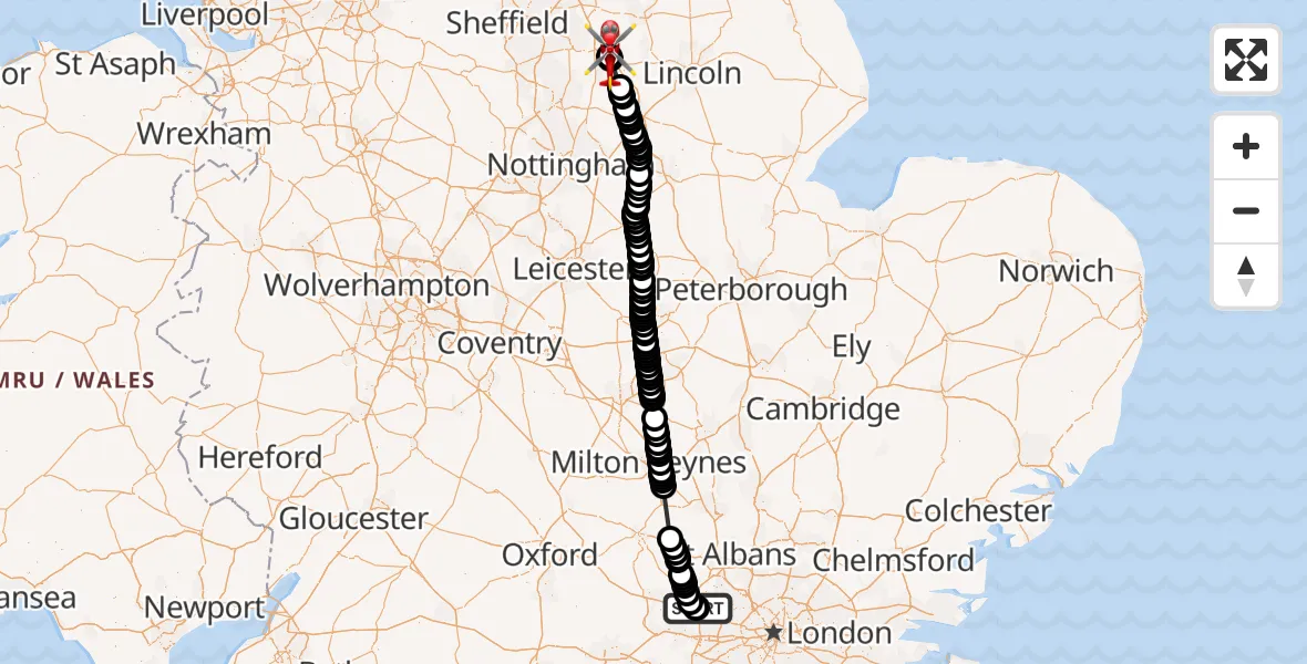 Flight route Air Ambulance Helicopter Denham Aerodrome - Retford Gamston Airport, 01 August 2026, 16:37