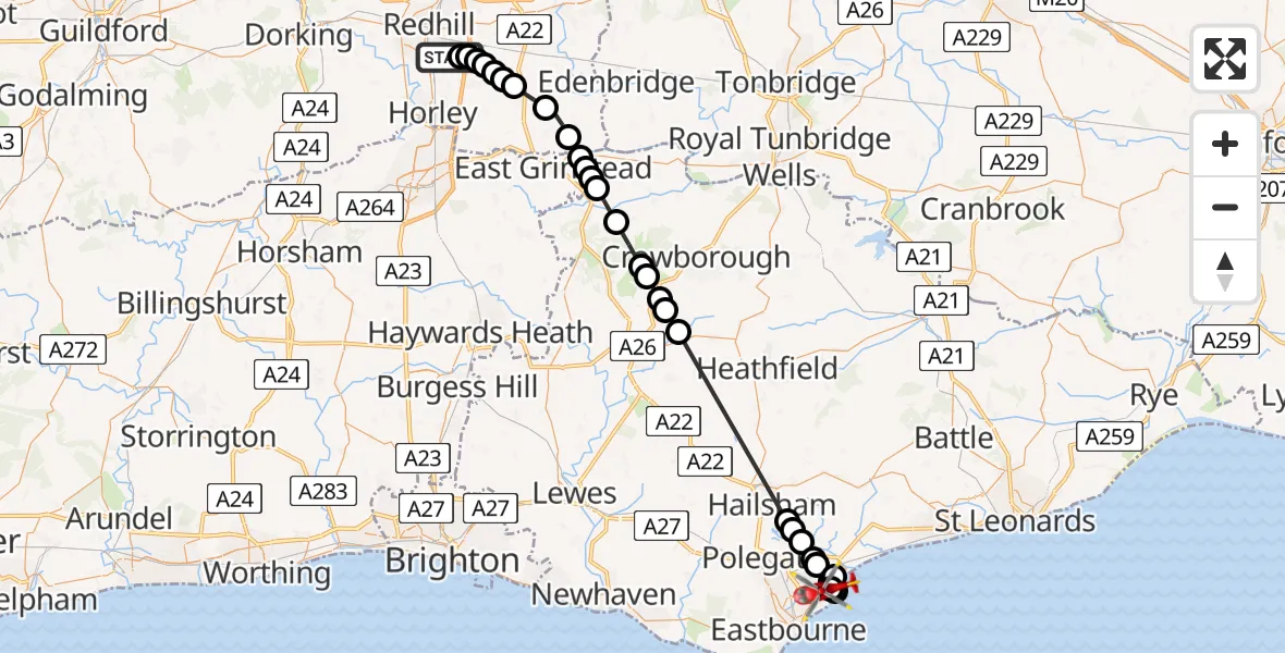 Flight route Air Ambulance Helicopter Redhill Aerodrome - Eastbourne, 01 August 2026, 16:37
