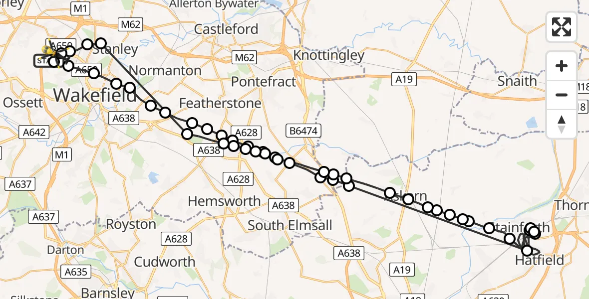 Flight route Police Helicopter Ossett - East Ardsley, 01 August 2026, 16:40