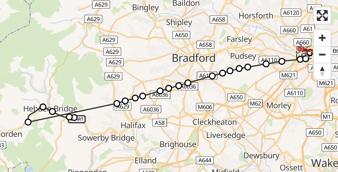 Flight route Air Ambulance Helicopter Midgley - Woodhouse, 01 August 2026, 16:42