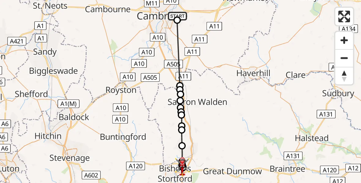 Flight route Air Ambulance Helicopter Cambridge City Airport - Birchanger, 01 August 2026, 16:43