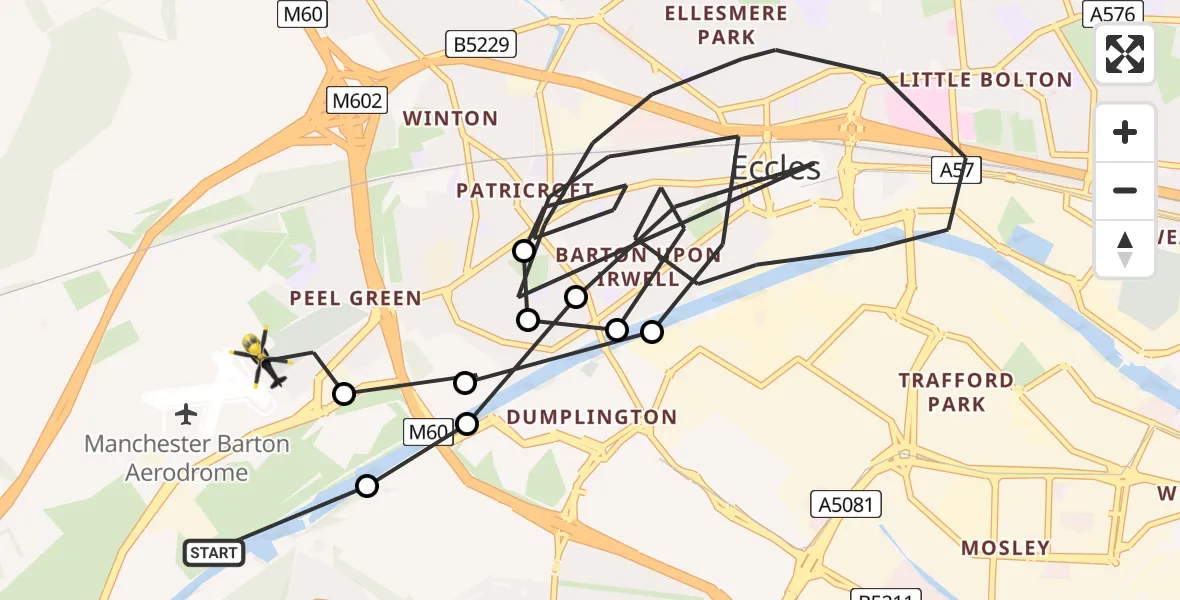Flight route Police Helicopter Flixton - Irlam, 01 August 2026, 16:44