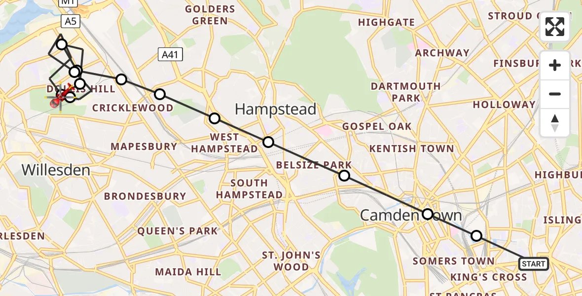 Flight route Air Ambulance Helicopter Barnsbury - Dollis Hill, 01 August 2026, 16:50