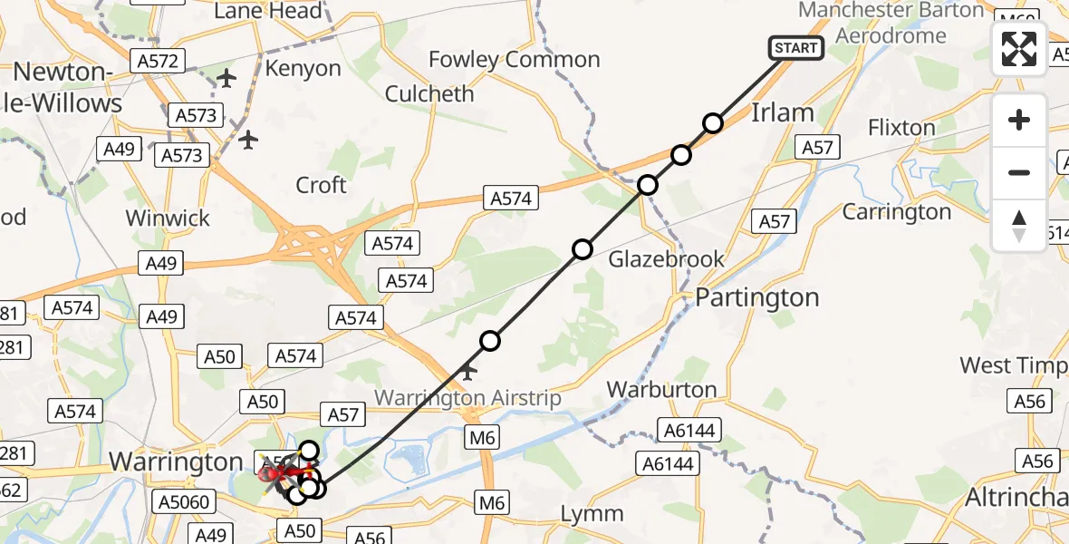 Flight route Air Ambulance Helicopter Irlam - Warrington, 01 August 2026, 16:50