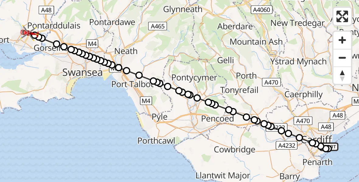 Flight route Air Ambulance Helicopter Cardiff Heliport - Dafen, 01 August 2026, 16:54