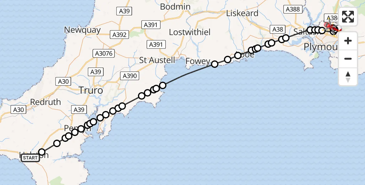 Flight route Air Ambulance Helicopter Helston - Derriford Hospital, 01 August 2026, 16:59