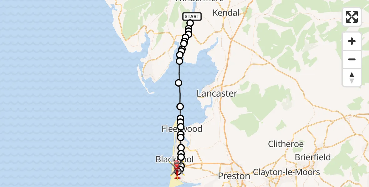 Flight route Air Ambulance Helicopter Windermere - Blackpool Airport, 01 August 2026, 17:00