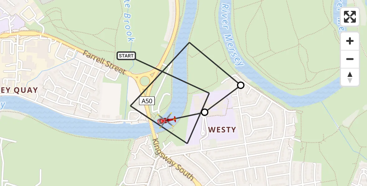 Flight route Air Ambulance Helicopter Warrington - Warrington, 01 August 2026, 17:02