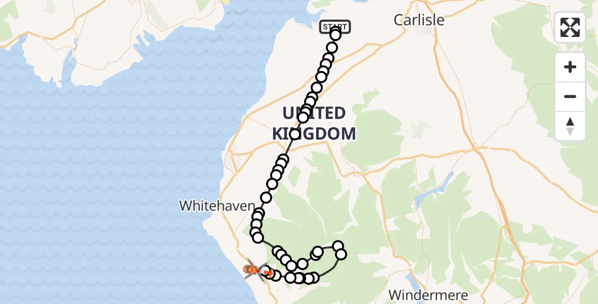 Flight route Coastguard Helicopter Kirkbride Airfield - Gosforth, 01 August 2026, 17:03