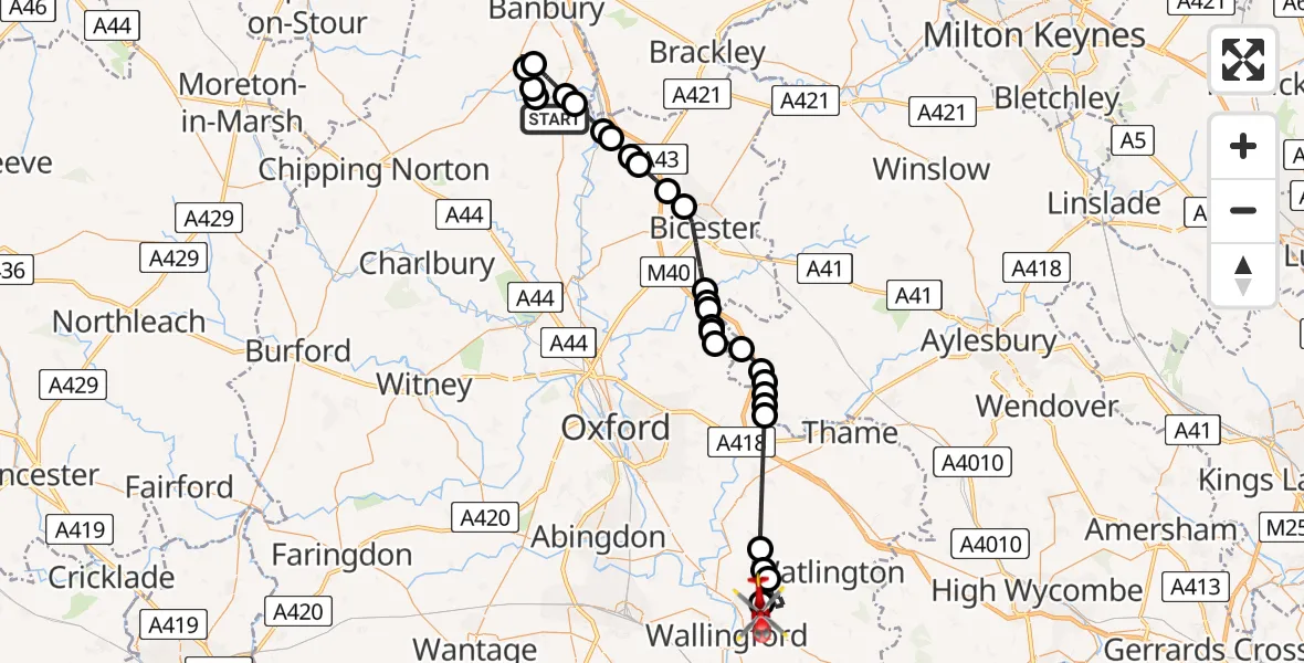 Flight route Air Ambulance Helicopter Deddington - RAF Benson, 01 August 2026, 17:11