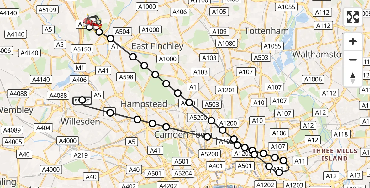Flight route Air Ambulance Helicopter Dollis Hill - Mill Hill, 01 August 2026, 17:15