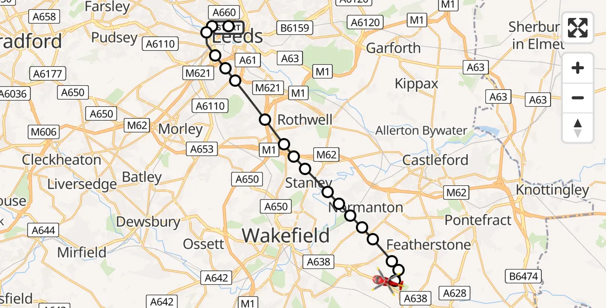 Flight route Air Ambulance Helicopter Woodhouse - YAA Nostell Helicopter Port, 01 August 2026, 17:32