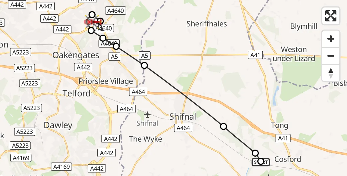 Flight route Air Ambulance Helicopter RAF Cosford - Wrockwardine Wood and Trench, 01 August 2026, 17:46