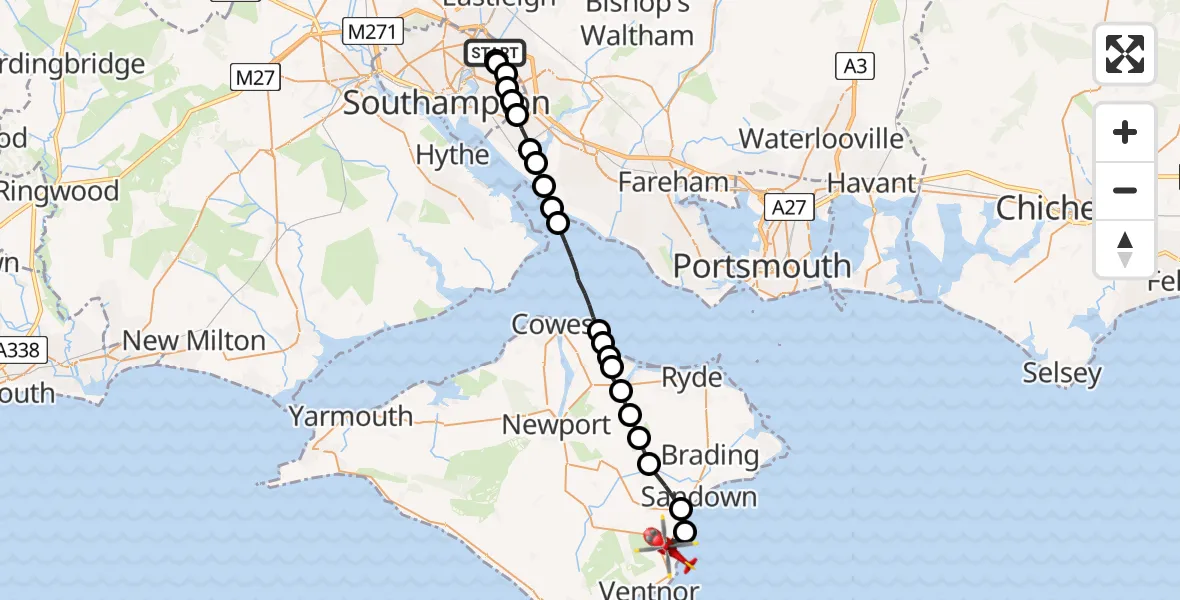 Flight route Air Ambulance Helicopter West End - Shanklin, 01 August 2026, 17:46