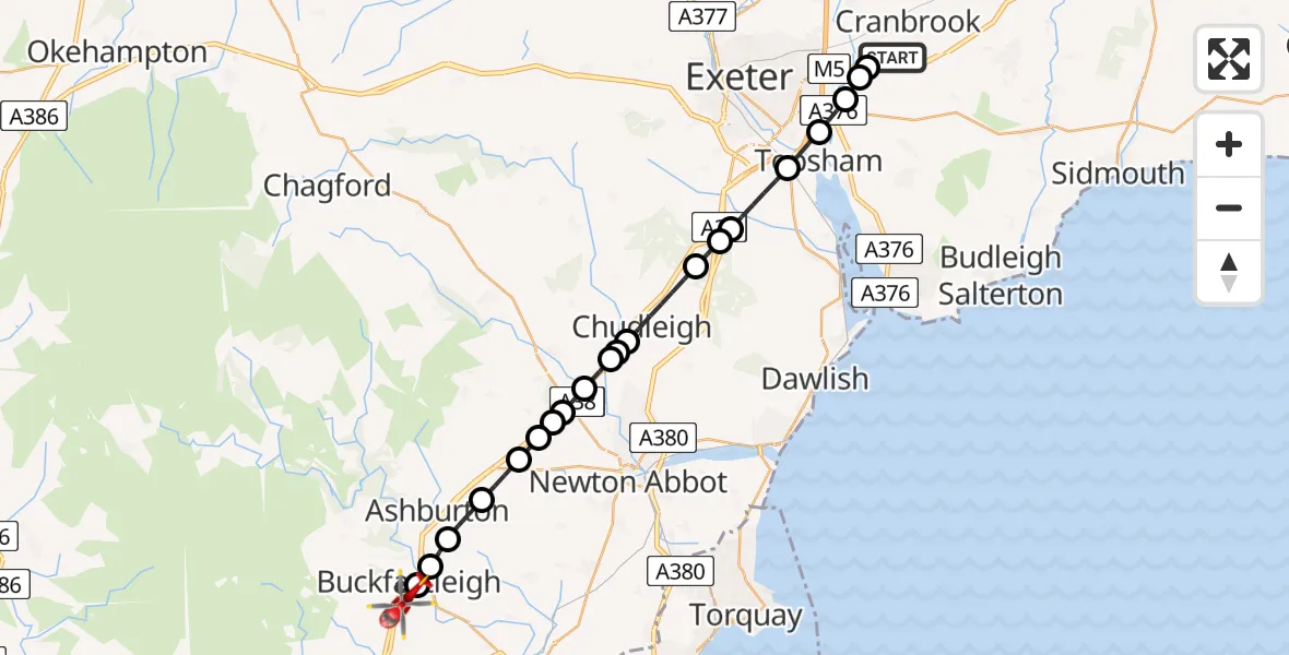 Flight route Air Ambulance Helicopter Exeter International Airport - Buckfastleigh, 01 August 2026, 17:53