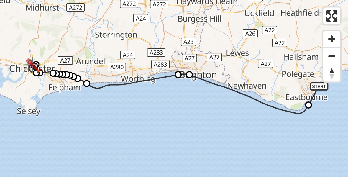 Flight route Air Ambulance Helicopter Eastbourne - Chichester, 01 August 2026, 17:53