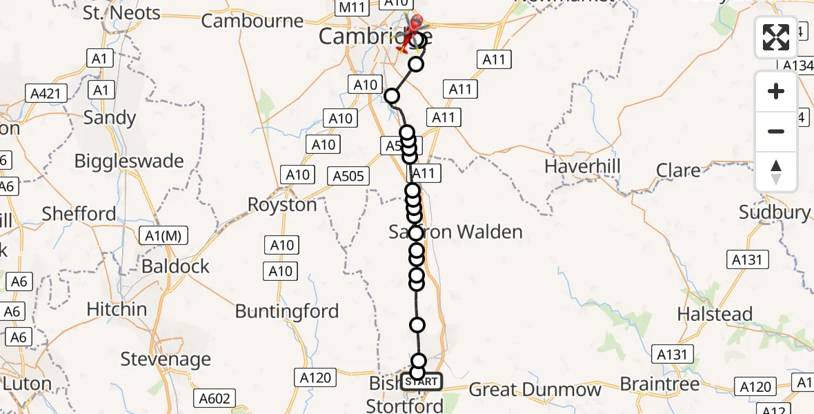 Flight route Air Ambulance Helicopter Birchanger - Cambridge City Airport, 01 August 2026, 17:58