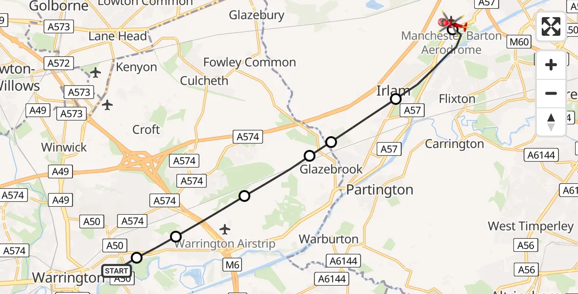 Flight route Air Ambulance Helicopter Warrington - Manchester Barton Aerodrome, 01 August 2026, 18:04