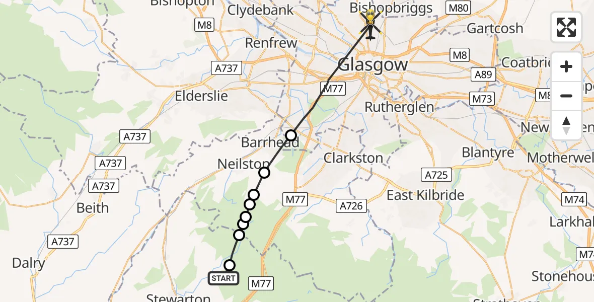 Flight route Police Helicopter Kilmarnock - Glasgow, 01 August 2026, 18:16