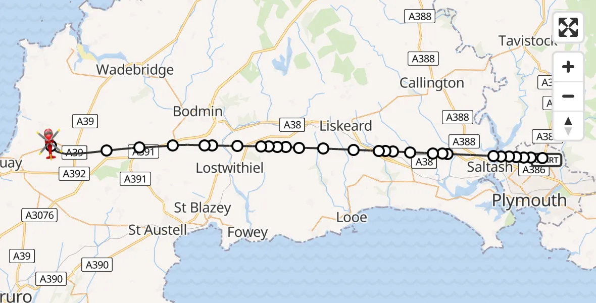 Flight route Air Ambulance Helicopter Derriford Hospital - Cornwall Airport Newquay, 01 August 2026, 18:17