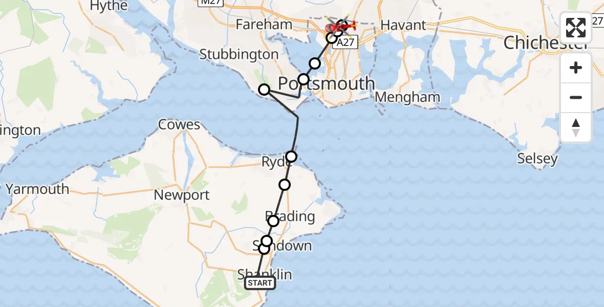 Flight route Air Ambulance Helicopter Shanklin - Queen Alexandra Hospital, 01 August 2026, 18:27