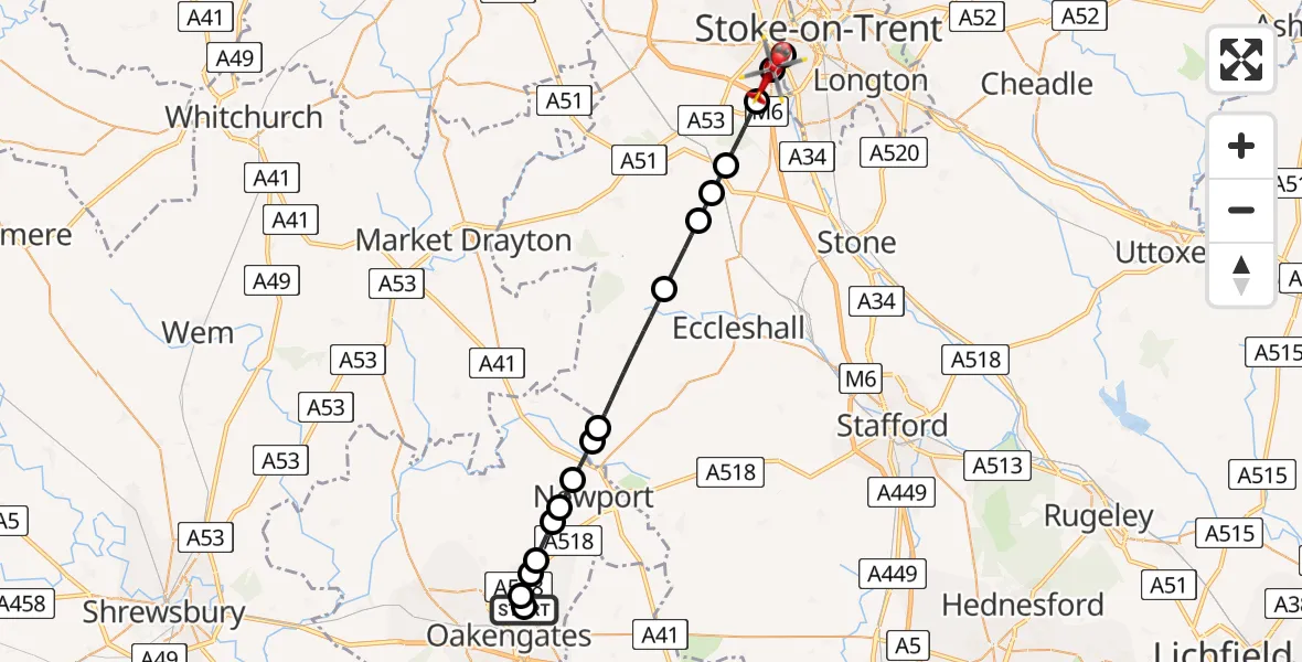 Flight route Air Ambulance Helicopter Donnington - Stoke, 01 August 2026, 18:28
