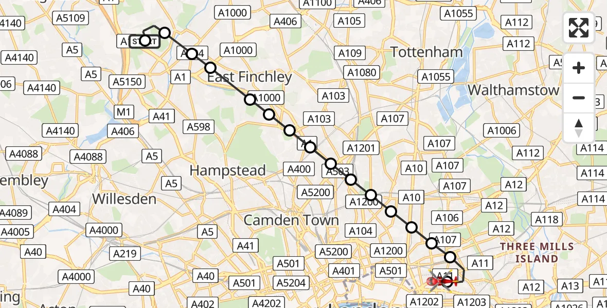 Flight route Air Ambulance Helicopter Hendon - Royal London Hospital, 01 August 2026, 18:31