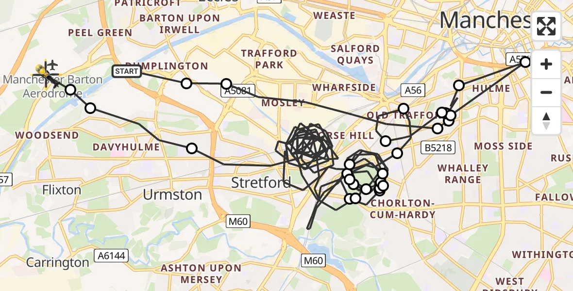Flight route Police Helicopter Urmston - Manchester Barton Aerodrome, 01 August 2026, 18:46