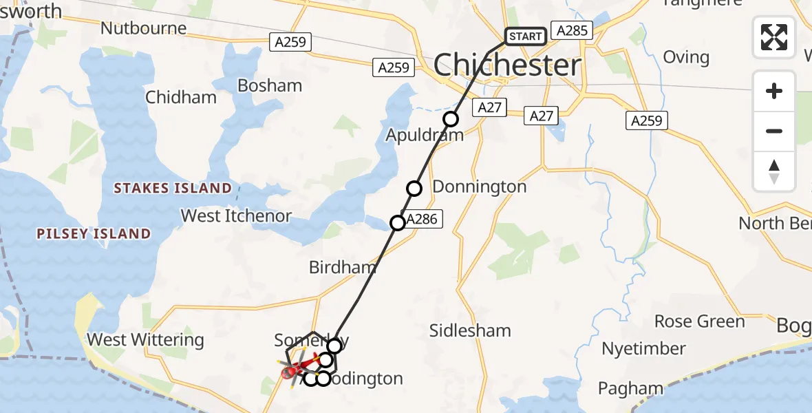 Flight route Air Ambulance Helicopter Chichester - Somerley, 01 August 2026, 18:49