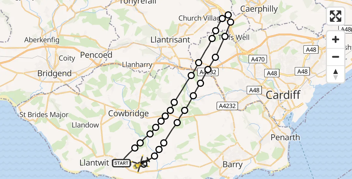 Flight route Police Helicopter Boverton - MOD St Athan, 01 August 2026, 18:49