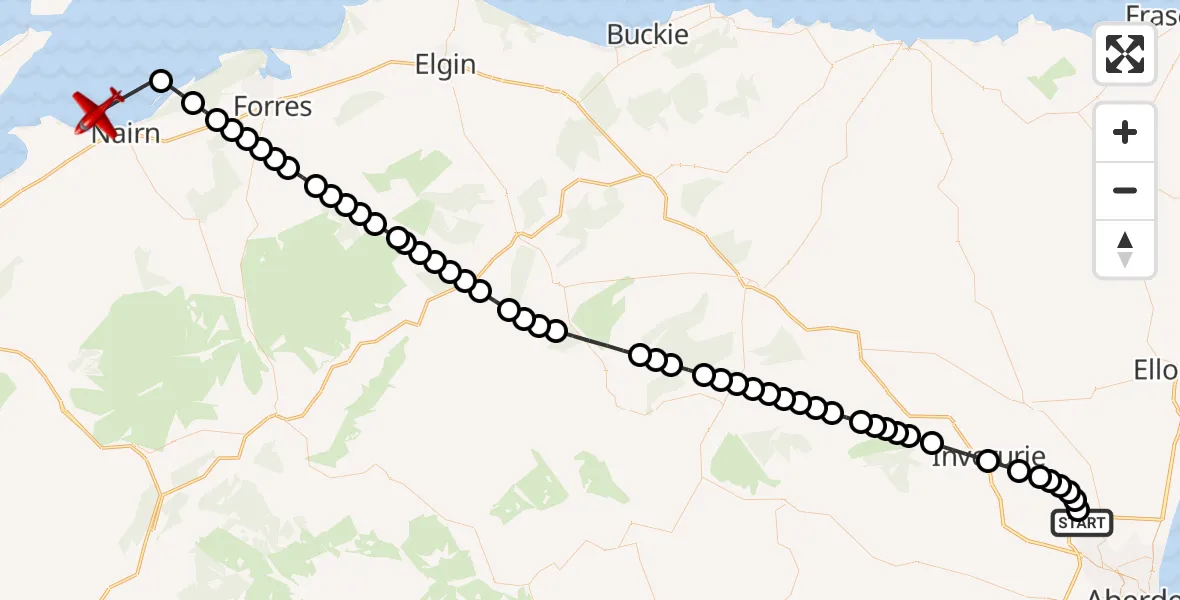 Flight route Air Ambulance Aircraft Dyce and Stoneywood - North Sea, 01 August 2026, 18:50