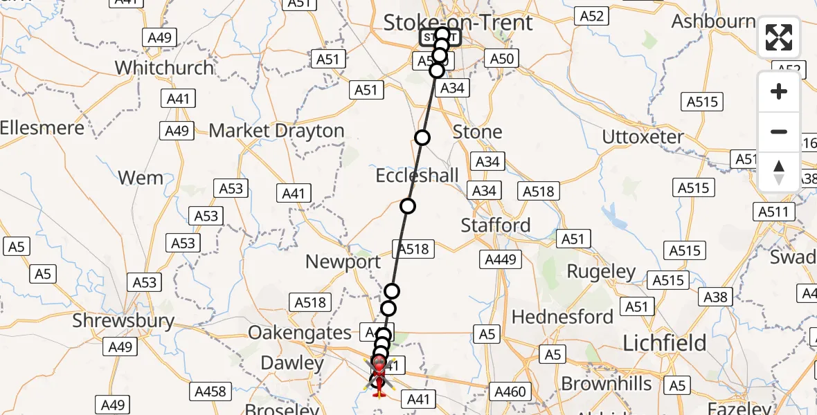 Flight route Air Ambulance Helicopter University Hospital North Staffs - Cosford, 01 August 2026, 19:02