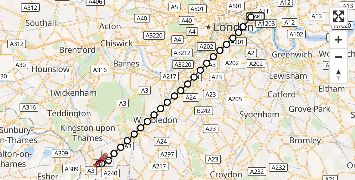 Flight route Air Ambulance Helicopter Royal London Hospital - Tolworth, 01 August 2026, 19:04