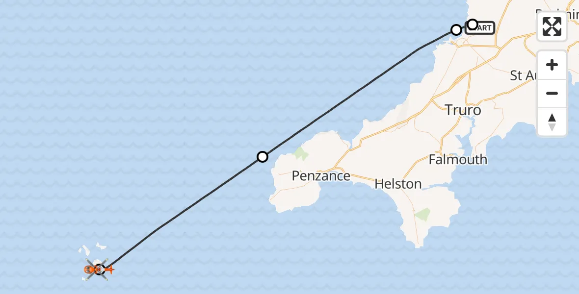 Flight route Coastguard Helicopter Cornwall Airport Newquay - St. Mary's Airport, 01 August 2026, 19:05