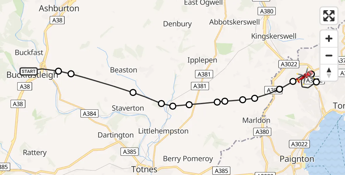 Flight route Air Ambulance Helicopter Buckfastleigh - Torquay, 01 August 2026, 19:17