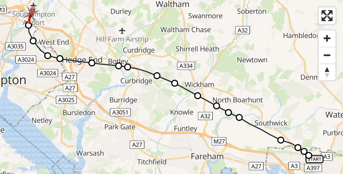 Flight route Air Ambulance Helicopter Queen Alexandra Hospital - Southampton Airport, 01 August 2026, 19:18