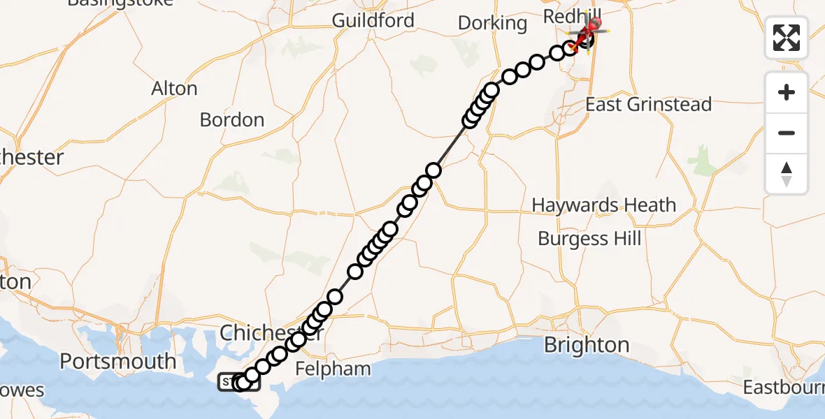 Flight route Air Ambulance Helicopter Earnley - Redhill Aerodrome, 01 August 2026, 19:30
