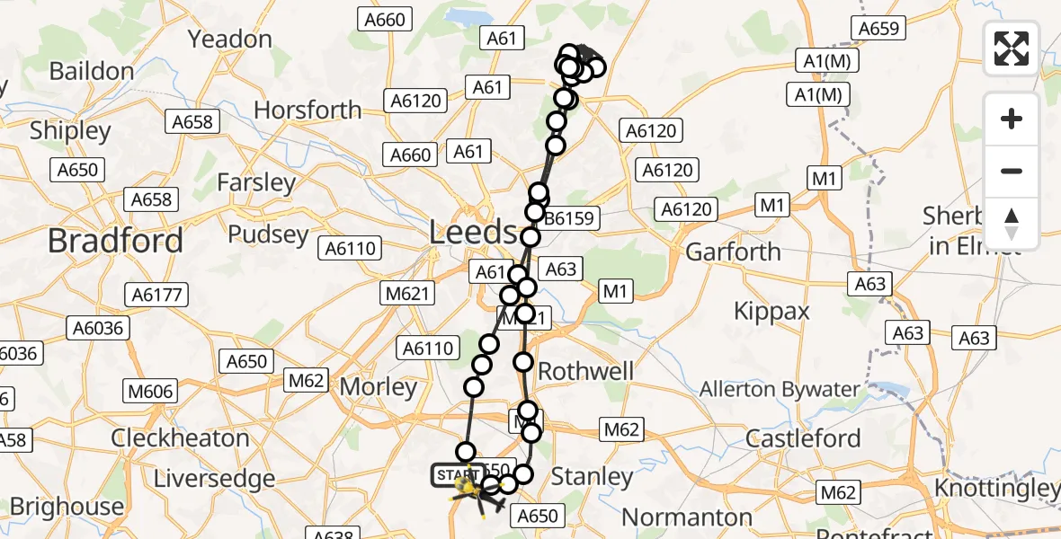 Flight route Police Helicopter East Ardsley - East Ardsley, 01 August 2026, 19:35