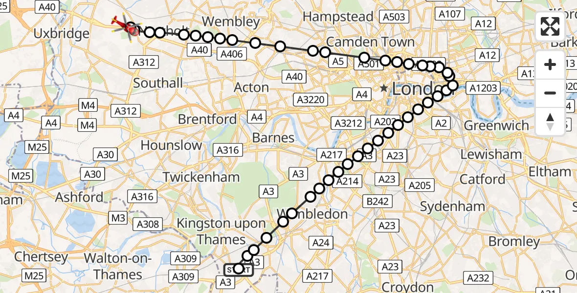 Flight route Air Ambulance Helicopter Tolworth - RAF Northolt, 01 August 2026, 19:46