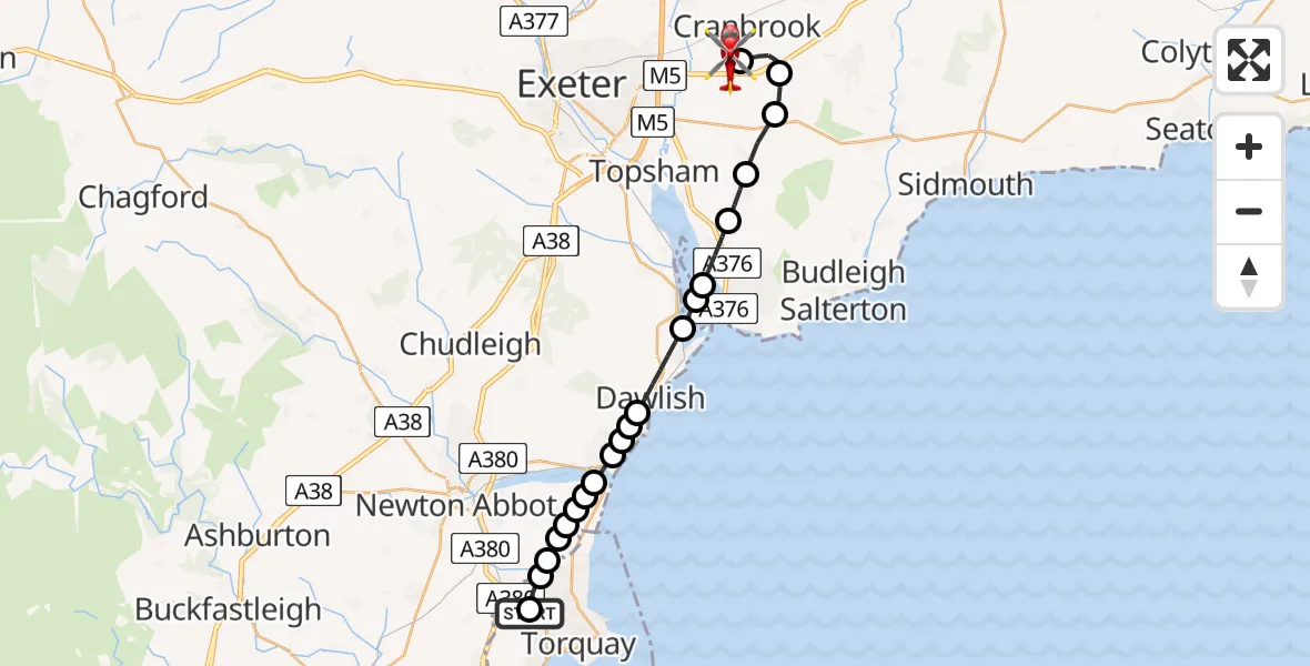Flight route Air Ambulance Helicopter Torbay Hospital - Exeter International Airport, 01 August 2026, 20:08