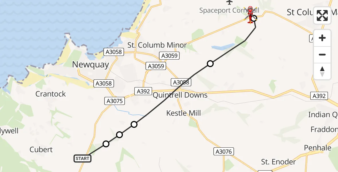 Flight route Air Ambulance Helicopter Cubert - Cornwall Airport Newquay, 01 August 2026, 20:24