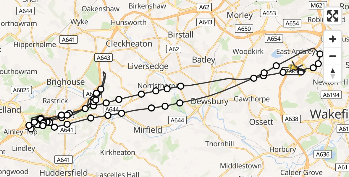 Flight route Police Helicopter East Ardsley - East Ardsley, 01 August 2026, 20:41