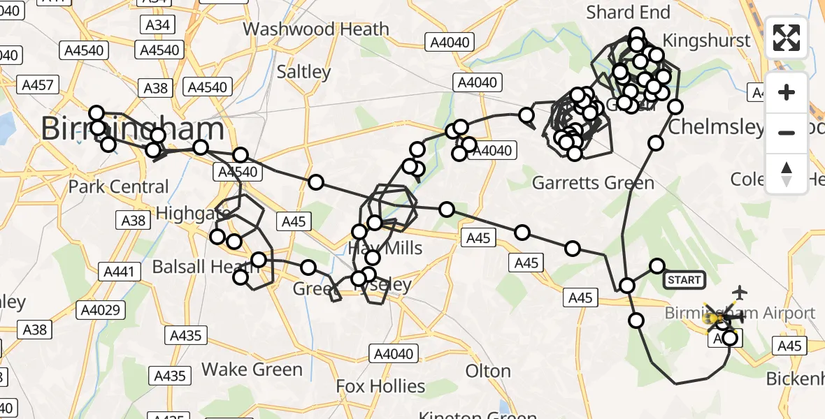 Flight route Police Helicopter Birmingham Airport - Birmingham Airport, 01 August 2026, 20:51